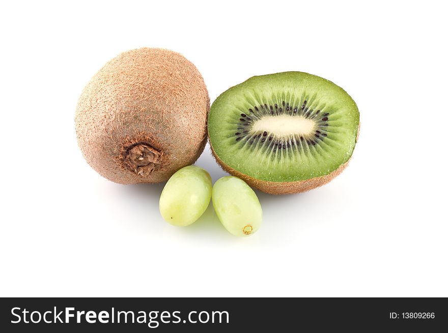 Kiwi fruit and grape on white background