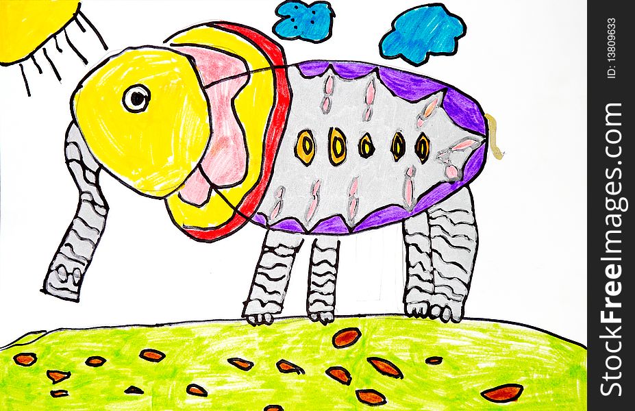 Colorful Elephant on a stroll on a sunny meadow