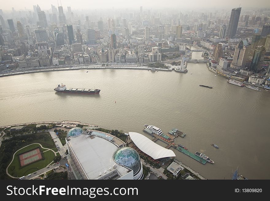 Huangpu river view from oriental pearl tower. Huangpu river view from oriental pearl tower