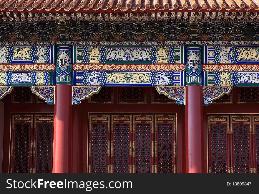 Facade of temple in forbidden city was the Chinese imperial palace. It is located in Beijing, China.