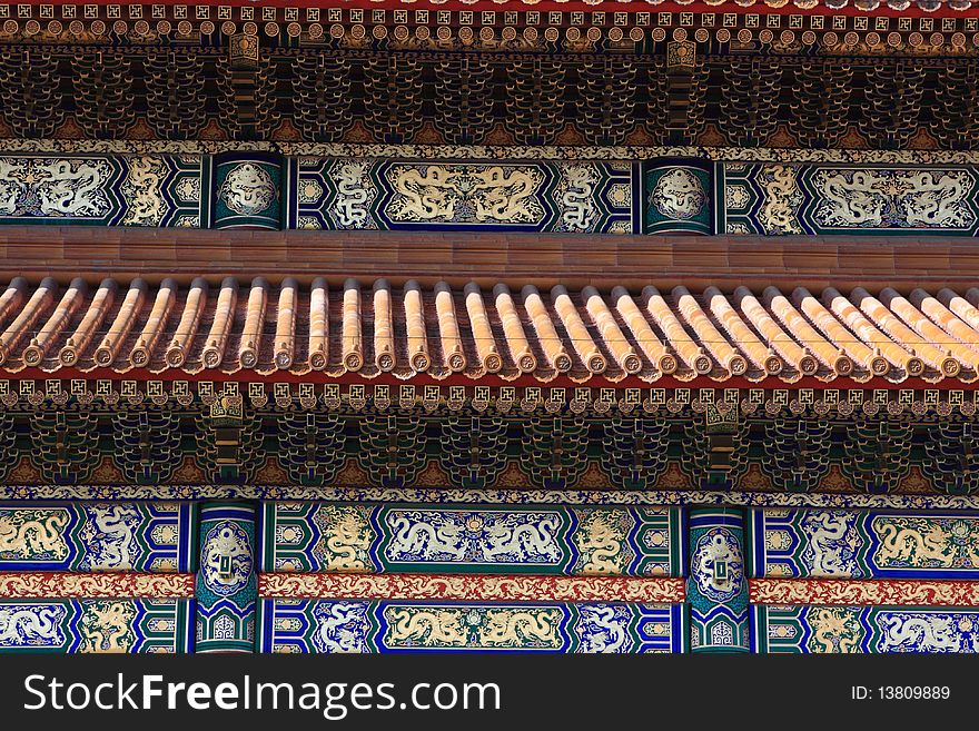 Patterned wall of temple in forbidden city was the Chinese imperial palace. It is located in Beijing, China.