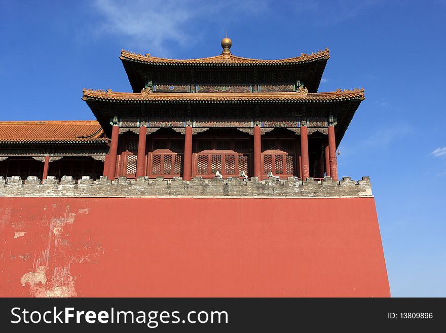 Red wall and temple in forbidden city was the Chinese imperial palace. It is located in Beijing, China.