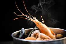 Shellfish Seafood Plate With Shrimps Prawns Mussel Squid Ocean Gourmet Dinner Seafood Cooked Boiled In Hot Pot Stock Images