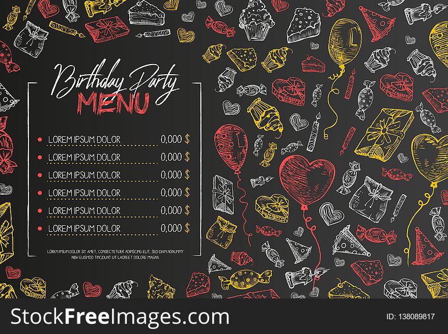 Kids birthday menu vector template, cute children birthday restaurant creative flyer, on black background. Chalk on blackboard hand drawn sketch style illustration Hand drawn vector illustration