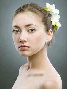Girl With Freesia Royalty Free Stock Photo Girl With Freesia Royalty Free Stock Photo