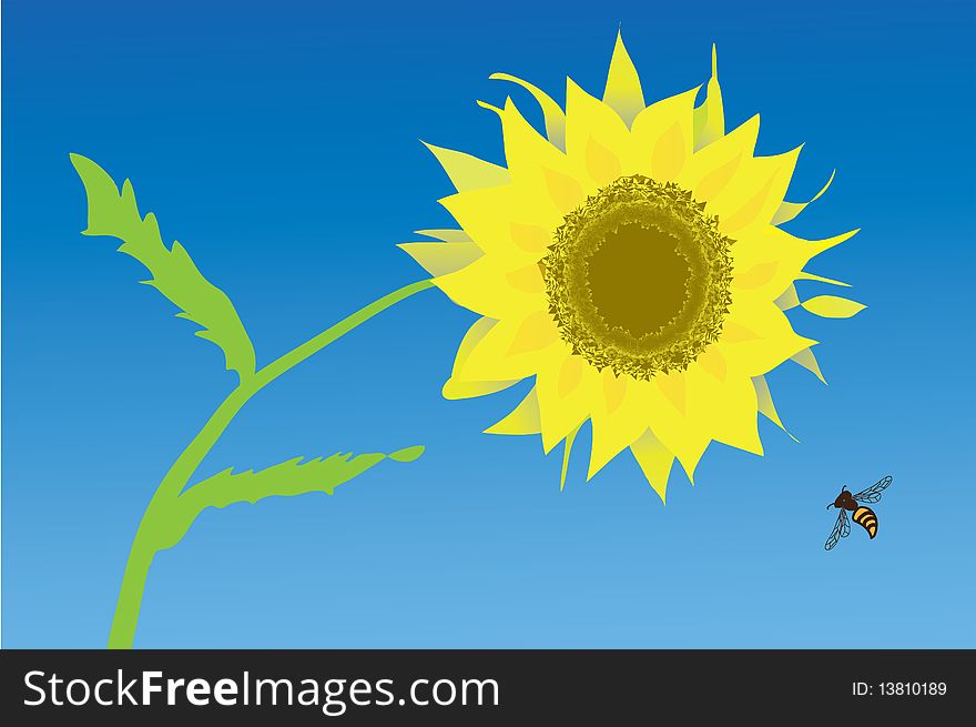 Illustration of a sunflower with a blue sky and a bee. Illustration of a sunflower with a blue sky and a bee.