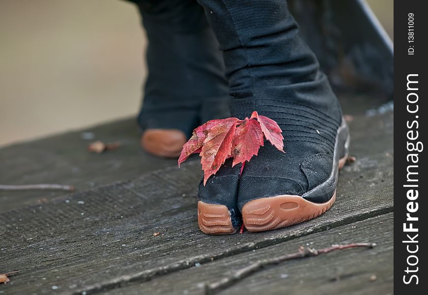 Ninja shoes with red fall leaf. Ninja shoes with red fall leaf