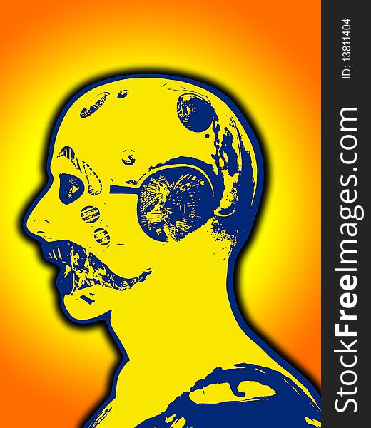 A illustrated profile view of a cyborg head. A illustrated profile view of a cyborg head.