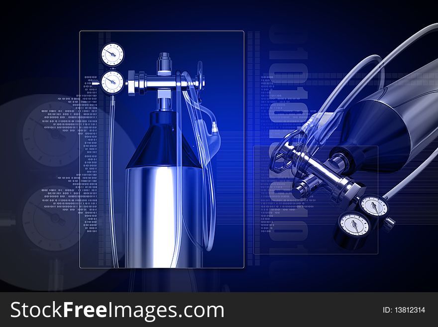 3d generated illustration of Aluminum oxygen tank with regulator. 3d generated illustration of Aluminum oxygen tank with regulator
