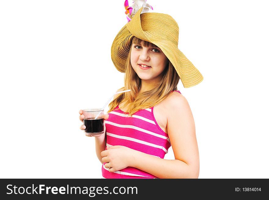 Drinking cheerful  teen girl wearing straw hat. Drinking cheerful  teen girl wearing straw hat