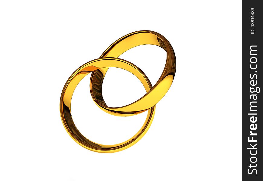 Intertwined golden wedding rings isolated on white background. High quality 3d render.