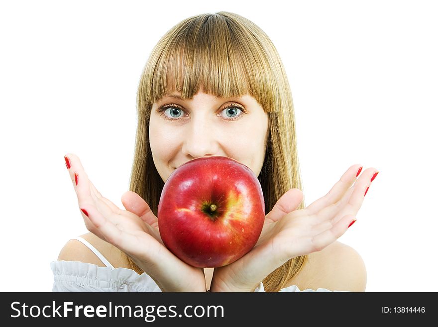 Young beautiful woman with a red apple on a white background