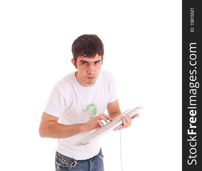 The young guy with a keyboard isolated on a white