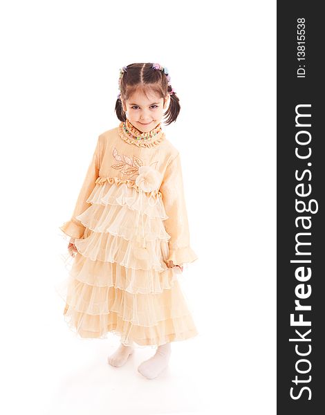 The little girl in a dress isolated on a white background