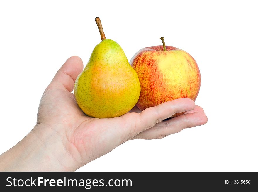 On hand is an apple and pear, isolated on white background. On hand is an apple and pear, isolated on white background.