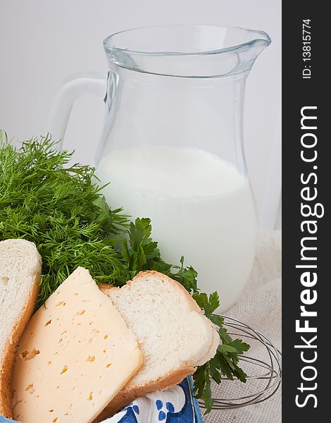 Milk, Cheese, Bread  With A Jug Of Milk