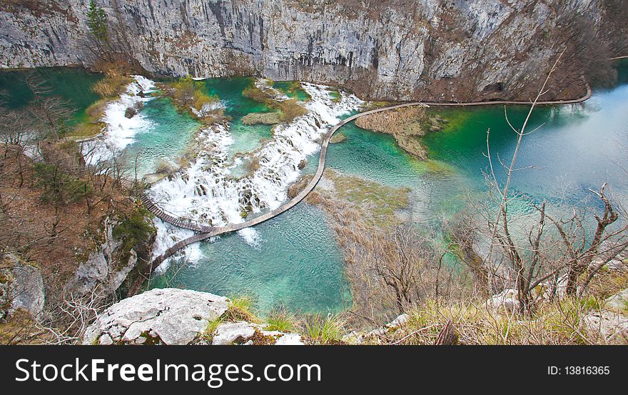 Wooden pathway through the falls at plitvice lakes in croatia. Wooden pathway through the falls at plitvice lakes in croatia