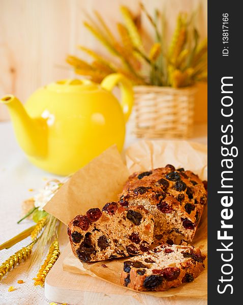 Traditional homemade fruitcake (english tea loaf - bread). Traditional homemade fruitcake (english tea loaf - bread)