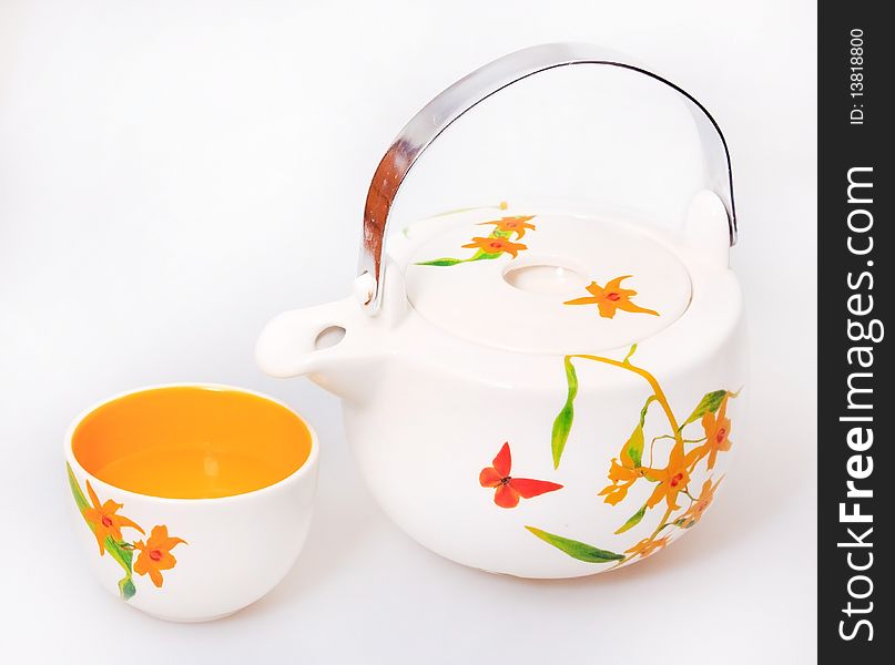 Japanese porcelain jasmine tea kettle isolated on white