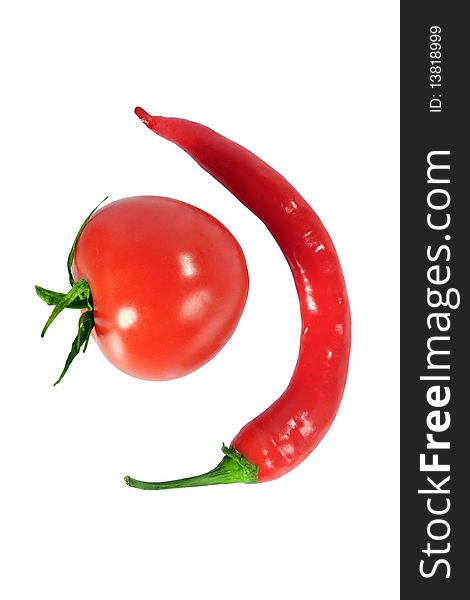 Tomato and red Chili pepper on white background