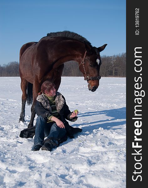 Young girl siiting on snow and her horse. Young girl siiting on snow and her horse