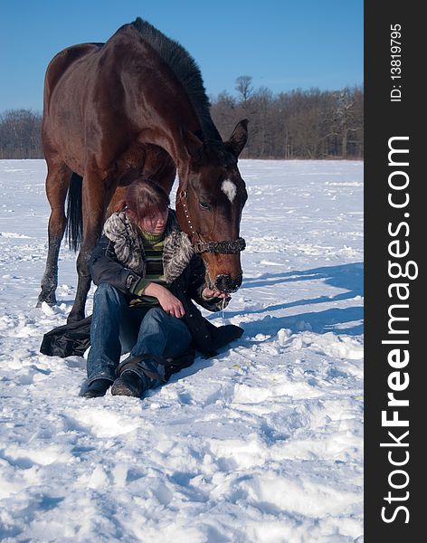 Girl sitting on snow feeds her horse. Girl sitting on snow feeds her horse