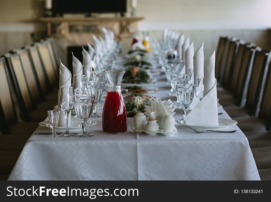 Stylishly decorated wedding table in the restaurant