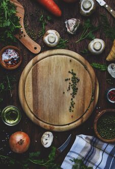 Ingredients For Cooking Green Lentils With Mushrooms And Vegetables, Spices And Herbs, Vintage Wooden Kitchen Table Background, Royalty Free Stock Photo