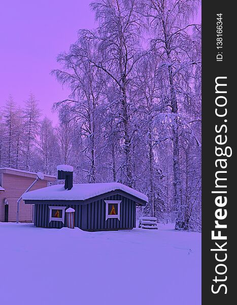 Cold and Snowy wintry scene in Lapland Finland near Arctic Circle