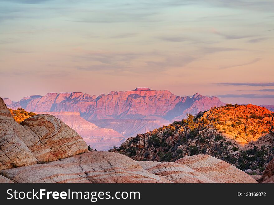 Zion National Park. Beautiful unspiring natural landscapes. Peak in Zion Park at sunset.