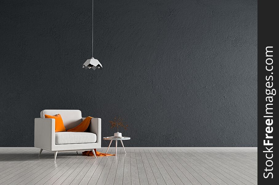 Minimalist modern room with armchair. Scandinavian style interior design. 3D illustration.