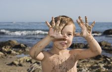 Boy At The Beach Playing With Sand Stock Photos Boy At The Beach Playing With Sand Stock Photos