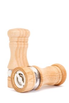 Wooden Saltcellar And Mill For Pepper Over White Royalty Free Stock Photography Wooden Saltcellar And Mill For Pepper Over White Royalty Free Stock Photography