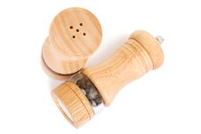 Wooden Saltcellar And Mill For Pepper Over White Stock Image Wooden Saltcellar And Mill For Pepper Over White Stock Image