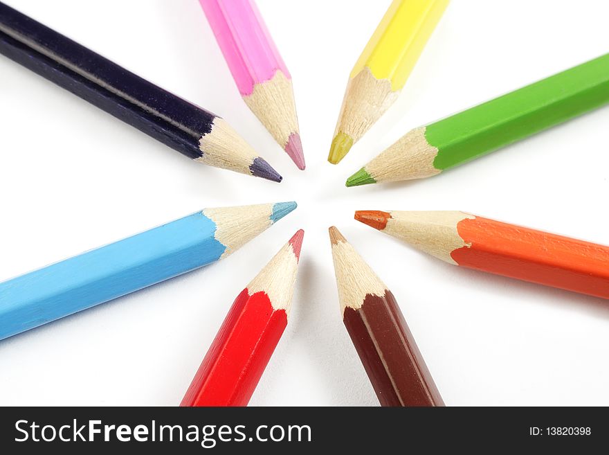 Color pencils in arrange in color wheel. Color pencils in arrange in color wheel