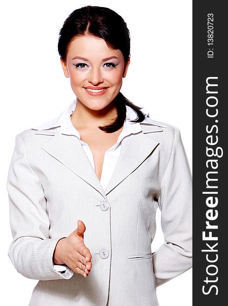 Portrait of a beautiful business woman with welcome gesture. Portrait of a beautiful business woman with welcome gesture