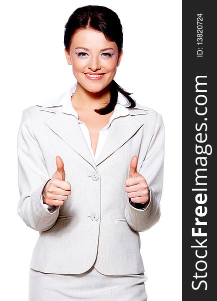 Portrait of a beautiful business woman showing success sign. Portrait of a beautiful business woman showing success sign