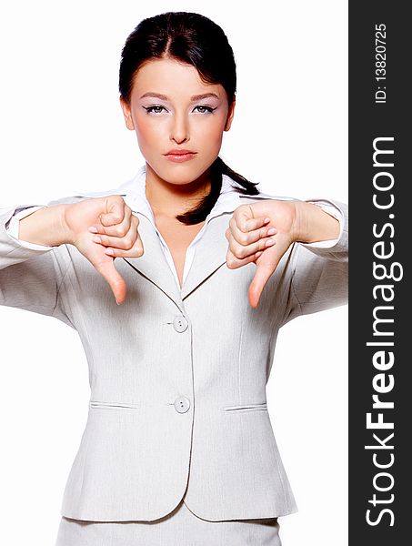 Portrait of beautiful business woman with thumbs down. Portrait of beautiful business woman with thumbs down