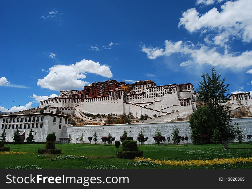 The potala palace with blue sky in summer .