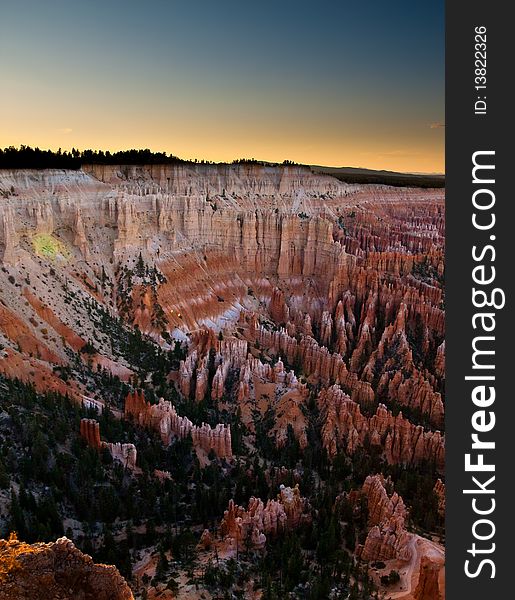 A small valley in Bryce Canyon during sunset. A small valley in Bryce Canyon during sunset.