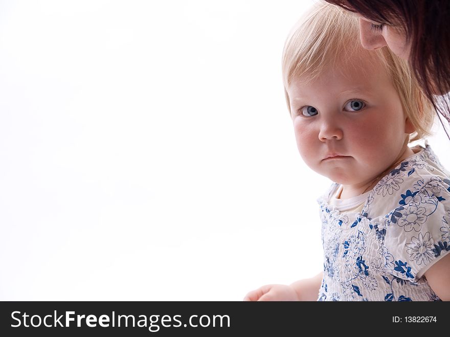 Happy child with her mother on a white background on Mothers Day. Happy child with her mother on a white background on Mothers Day