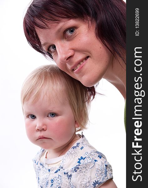 Happy child with her mother on a white background on Mothers Day