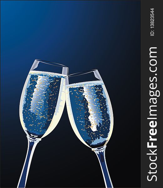 Two Champagne glass on blue background. Vector. Two Champagne glass on blue background. Vector