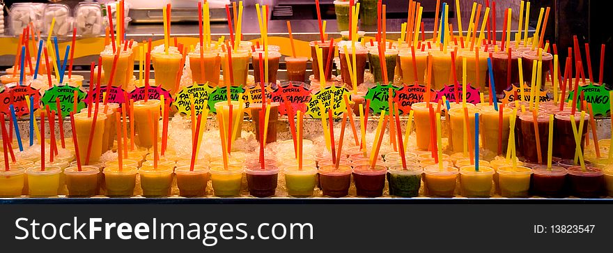 Fruit juices at La Boqueria Market in Barcelona, Spain