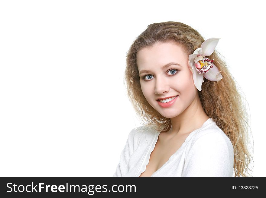Young smiling woman over white
