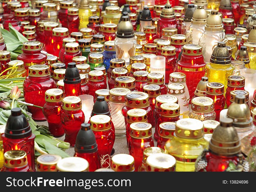 Colorful candles on the ground