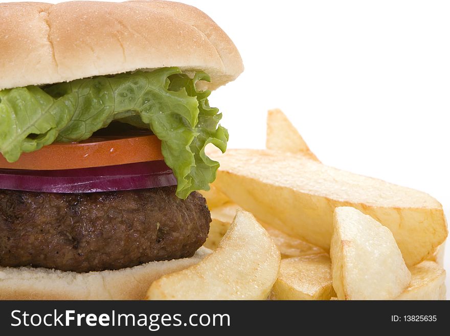 Juicy hamburger and french fries