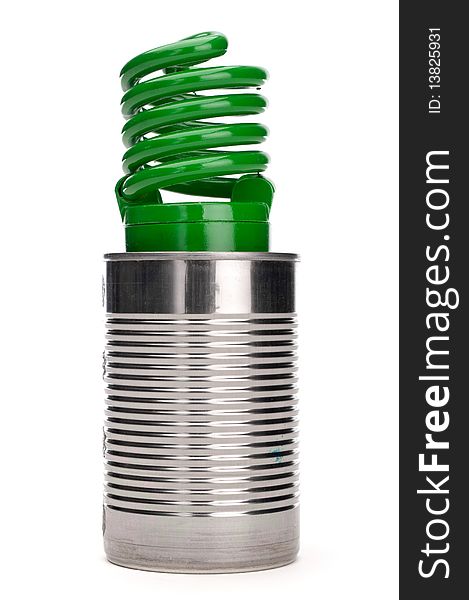 Green compact fluorescent bulb in a tin can
