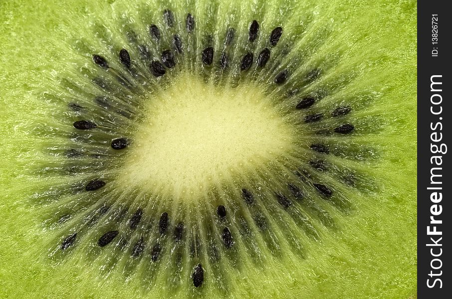 Kiwi fruit macro showing the black seeds