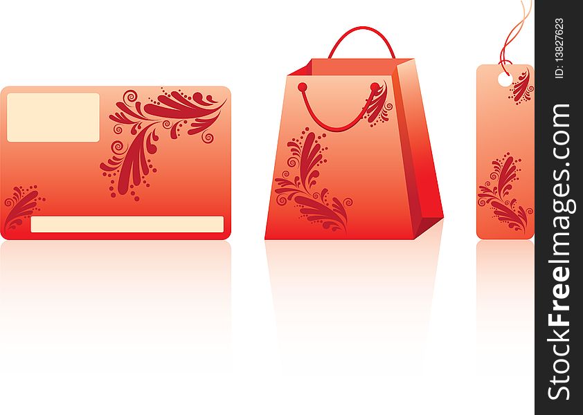 Red shopping set. Many decorative elements. Isolated on a white background. Vector will be aditional